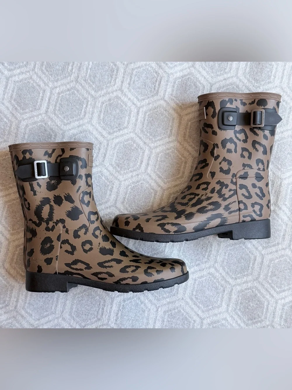 Hunter Original Refined Short Rain Boots Animal Print Black Brown Women's 7